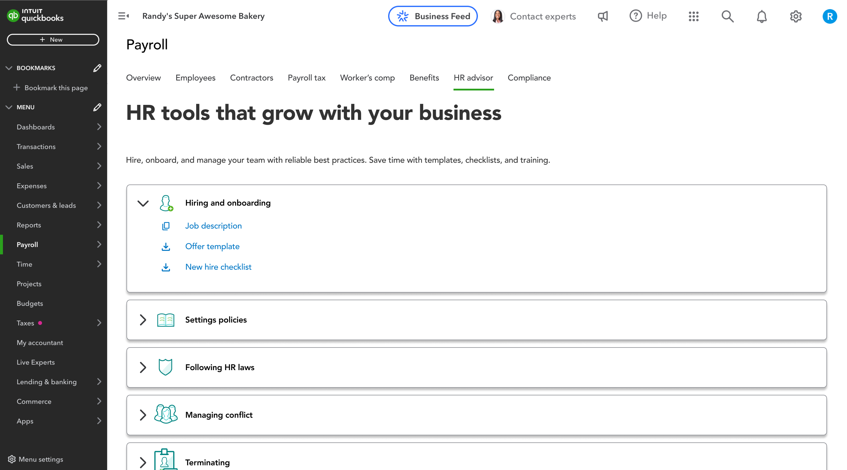 QuickBooks Payroll HR advisor tab — &ldquo;HR tools that grow with your business&rdquo; page with an accordion of five HR categories: Hiring and onboarding (expanded with Job description, Offer template, New hire checklist), Settings policies, Following HR laws, Managing conflict, and Terminating